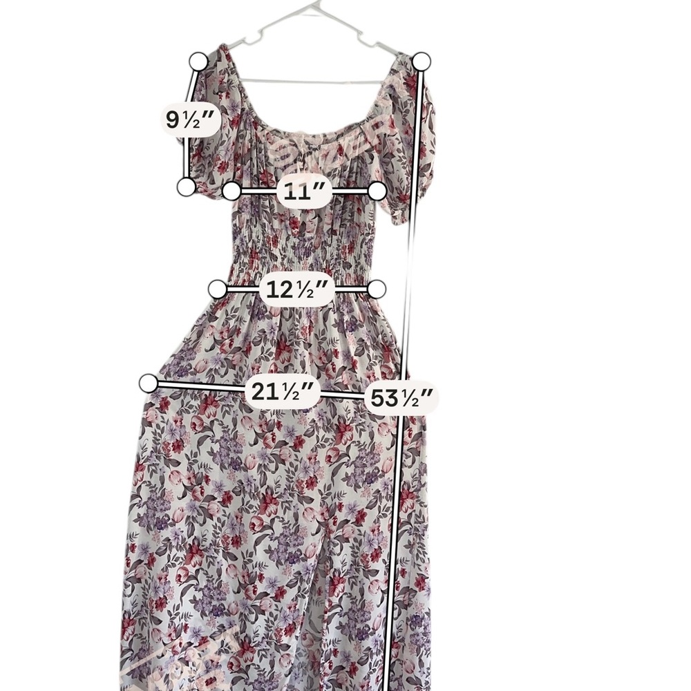 Floral Smocked Waist Maxi Dress in White with Red & Purple Flowers Prairie - Picture 8 of 15